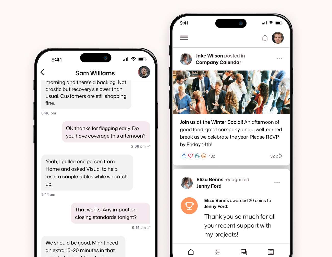 Two Interact mobile screens: a store staffing chat and a social feed showing a Winter Social post with 132 reactions and Eliza Benns recognizing Jenny Ford with 20 coins.