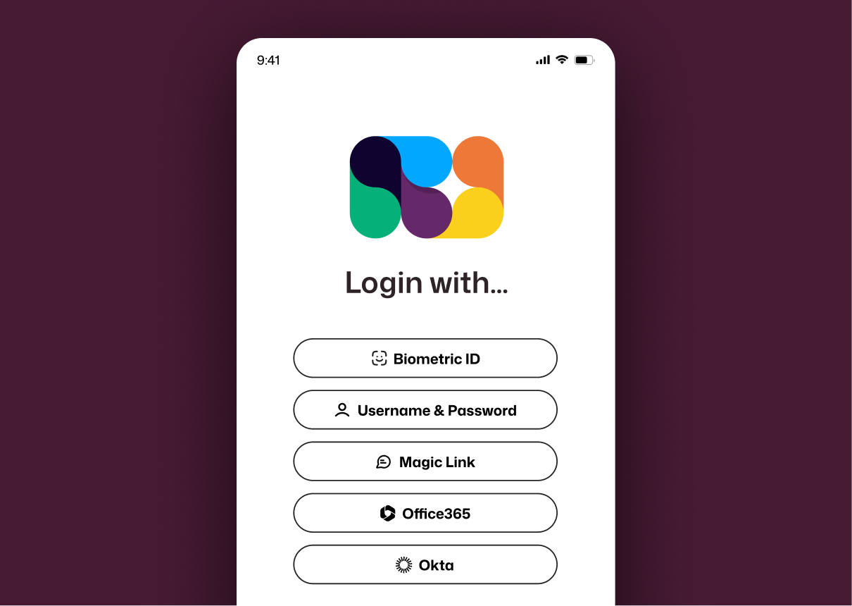 Mobile login screen offering five authentication options: Biometric ID, Username & Password, Magic Link, Office 365, and Okta SSO.