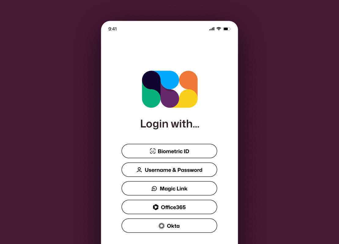 Mobile intranet login screen offering five authentication options: Biometric ID, Username & Password, Magic Link, Office 365, and Okta.