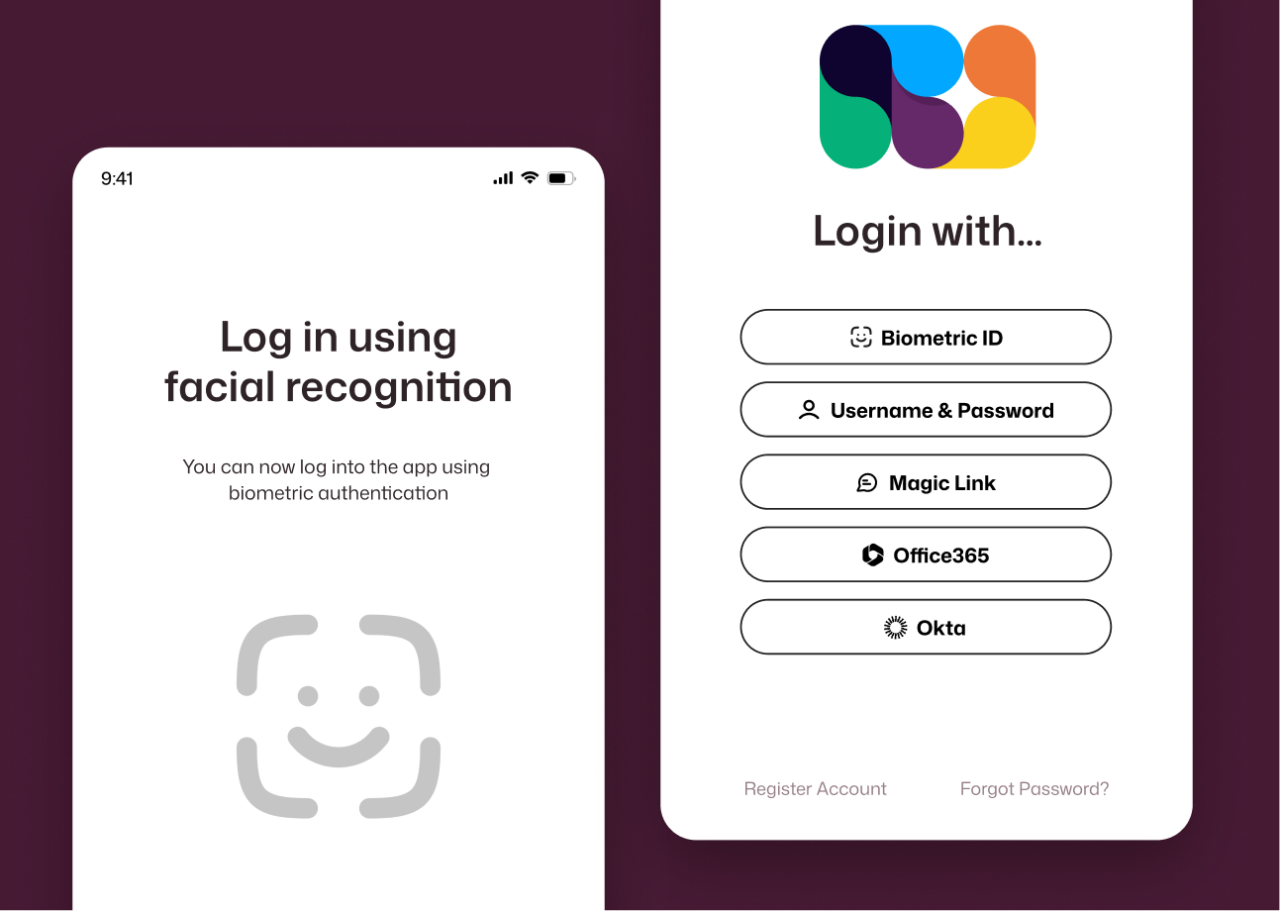 Interact intranet mobile login screen showing facial recognition biometric authentication alongside a desktop login panel offering five sign-in options — Biometric ID, Username and Password, Magic Link, Office365, and Okta.