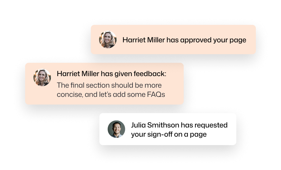 Interact intranet governance notification overlays showing three workflow alerts — Harriet Miller has approved a page, Harriet Miller has given editorial feedback requesting a more concise final section with FAQs, and Julia Smithson has requested a colleague's sign-off on a page.
