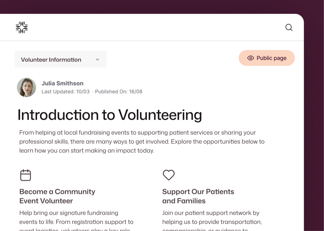 Intranet vs extranet shown via a public Volunteer Information page by Julia Smithson, covering community events and patient support roles.