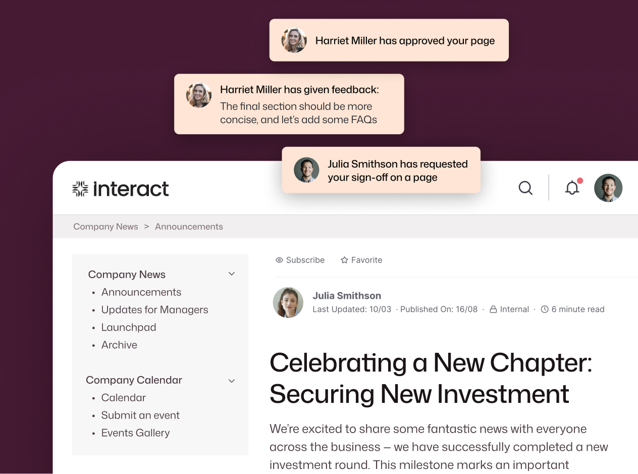 Interact intranet governance workflow shown on a Company News announcement page titled "Celebrating a New Chapter: Securing New Investment," with overlaid notifications showing a page approval from Harriet Miller, editorial feedback requesting changes, and a sign-off request from Julia Smithson.