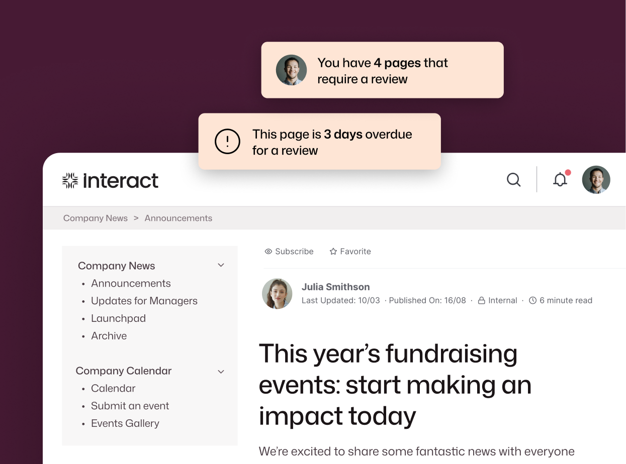 Interact intranet Company News page for a fundraising events announcement by Julia Smithson, with notification overlays alerting the user that 4 pages require a review and that the current page is 3 days overdue for review.