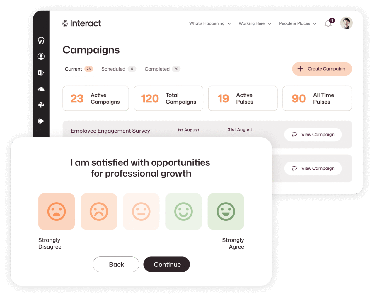 Employee surveys dashboard in Interact showing 23 active campaigns and a Likert-scale pulse question on professional growth opportunities.
