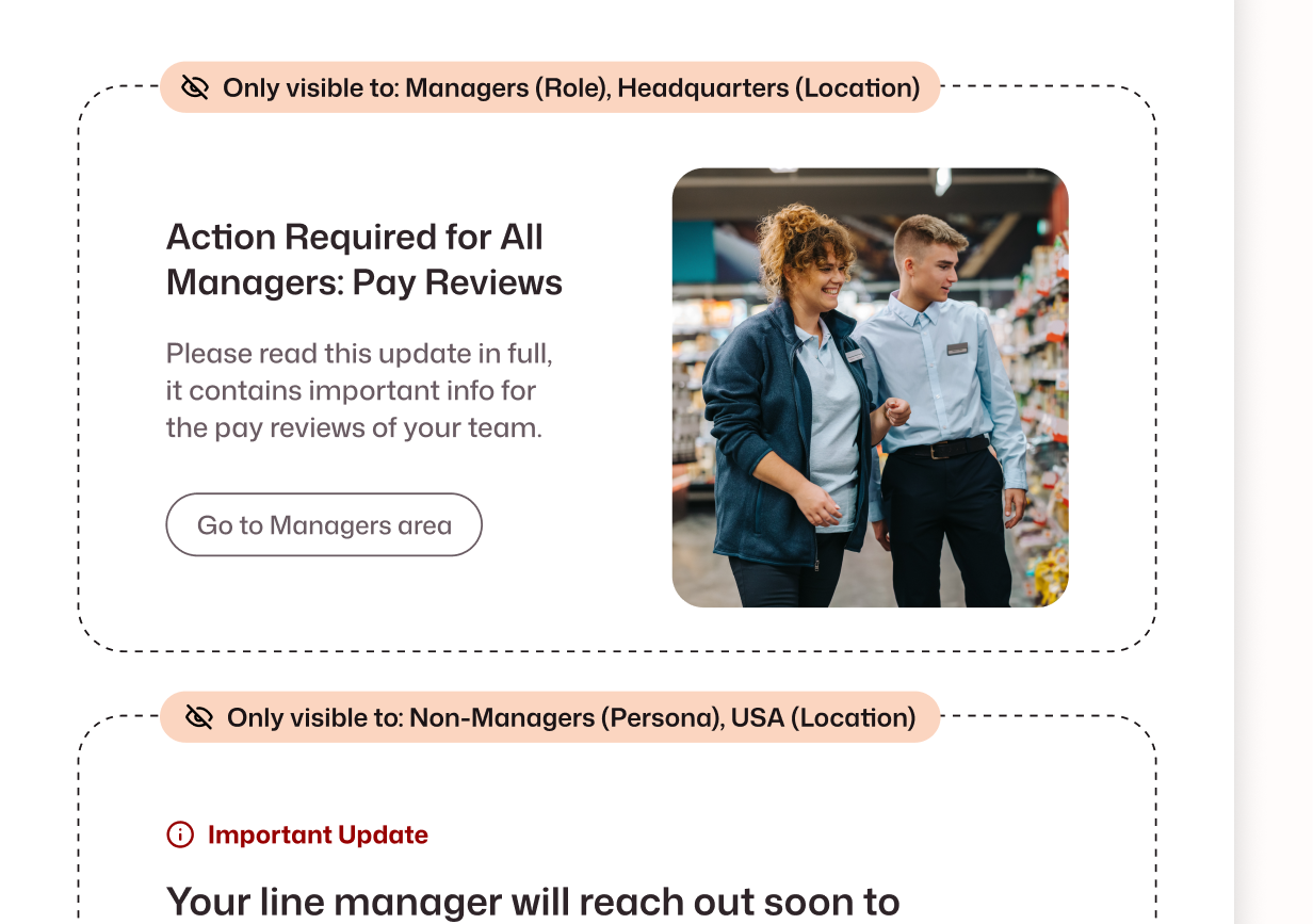 Audience targeting feature showing two content blocks segmented by role and location, including a pay review notice for managers.