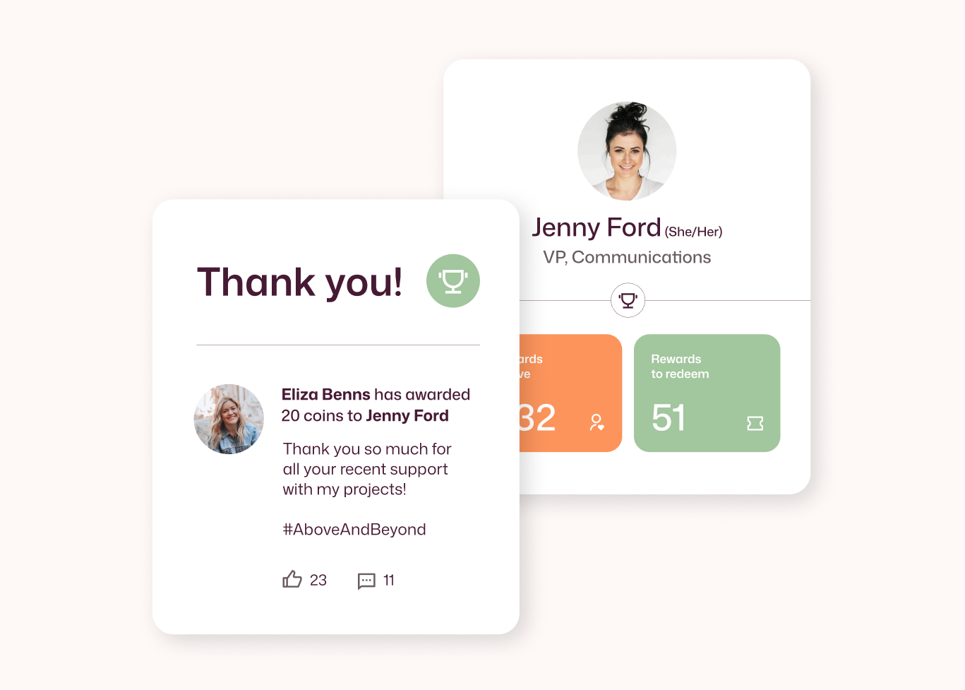 Eliza Benns awards 20 coins to Jenny Ford tagged #AboveAndBeyond with 23 likes, alongside Jenny Ford's profile showing 32 rewards earned and 51 to redeem.