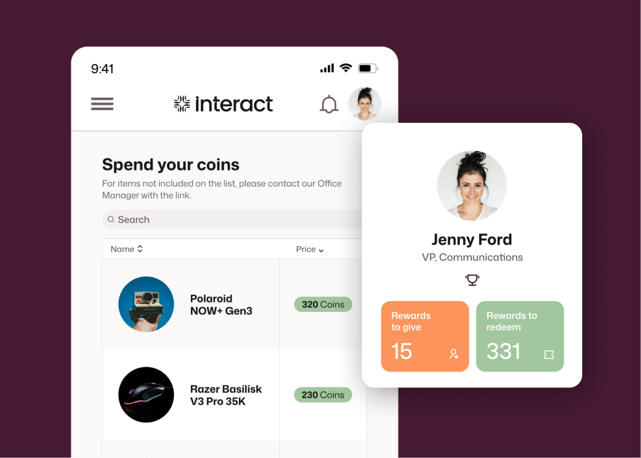 Interact intranet mobile app showing a rewards redemption catalogue featuring items such as a Polaroid NOW+ Gen3 for 320 coins and a Razer Basilisk V3 Pro for 230 coins, alongside Jenny Ford's employee profile card showing 15 rewards to give and 331 rewards to redeem.