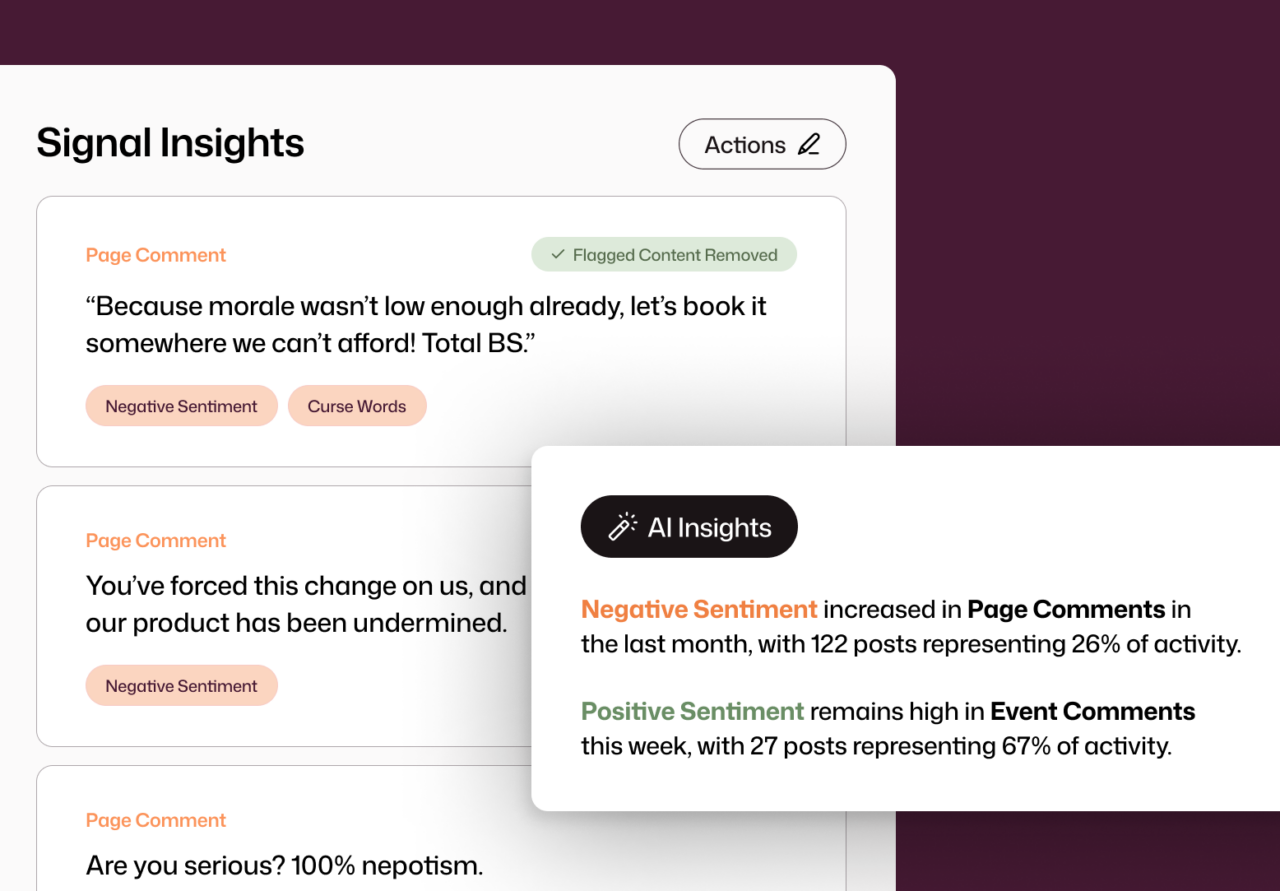 Interact intranet Signal Insights dashboard showing flagged employee page comments tagged with Negative Sentiment and Curse Words, alongside an AI Insights panel summarizing that negative sentiment increased by 26% in page comments while positive sentiment remains high at 67% in event comments.
