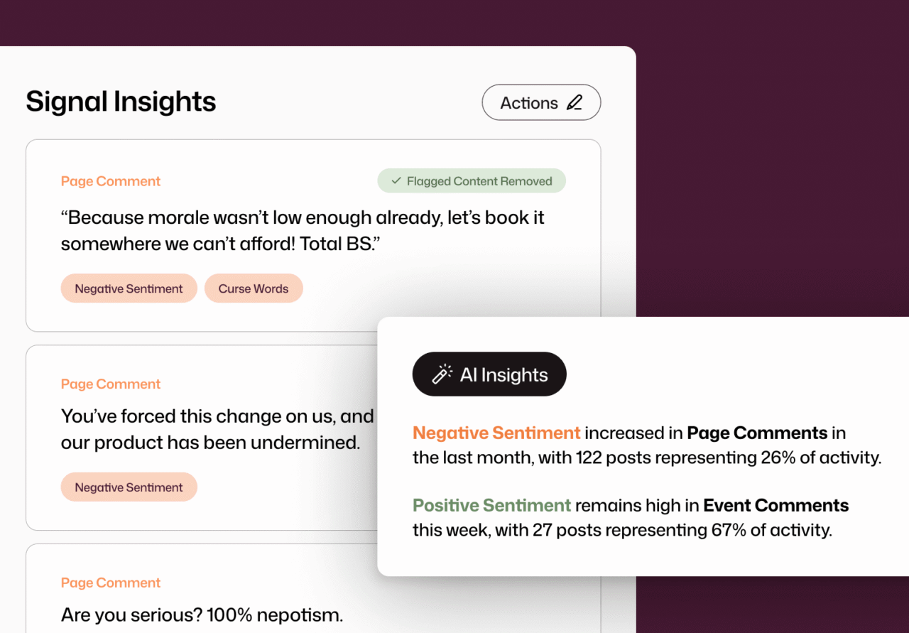 Interact intranet Signal Insights dashboard showing flagged employee page comments tagged with Negative Sentiment and Curse Words, alongside an AI Insights panel summarising that negative sentiment increased by 26% in page comments while positive sentiment remains high at 67% in event comments.