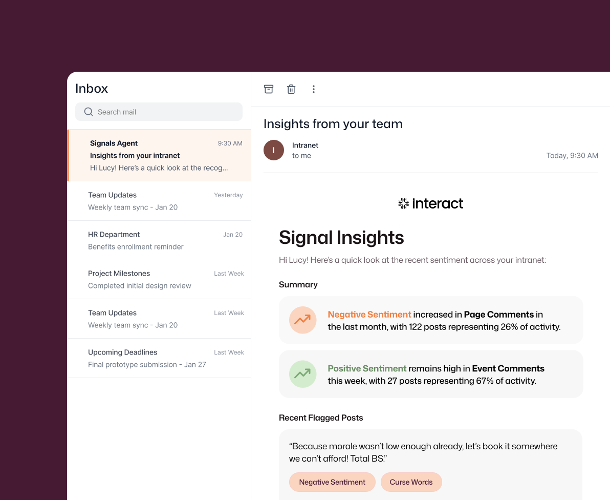 Interact Signal Insights email flagging rising negative sentiment in 122 page comments and 67% positive sentiment in event comments this week.