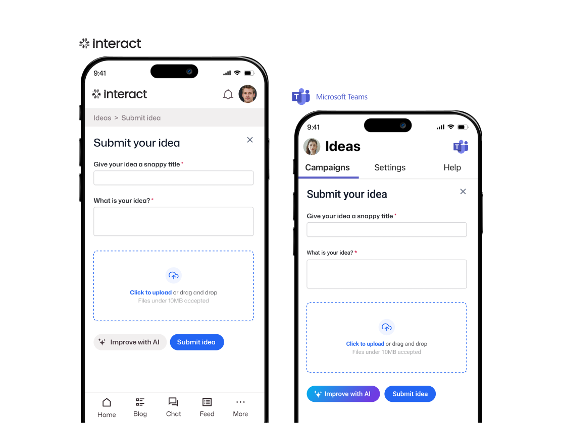 Side-by-side mobile view of the Submit Your Idea form in the Interact app and Microsoft Teams, both featuring AI-assisted idea submission.