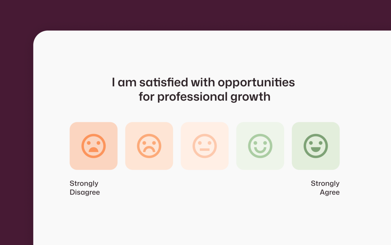 Interact intranet survey question card displaying a five-point emoji rating scale from Strongly Disagree to Strongly Agree, used to measure employee satisfaction with professional growth opportunities.