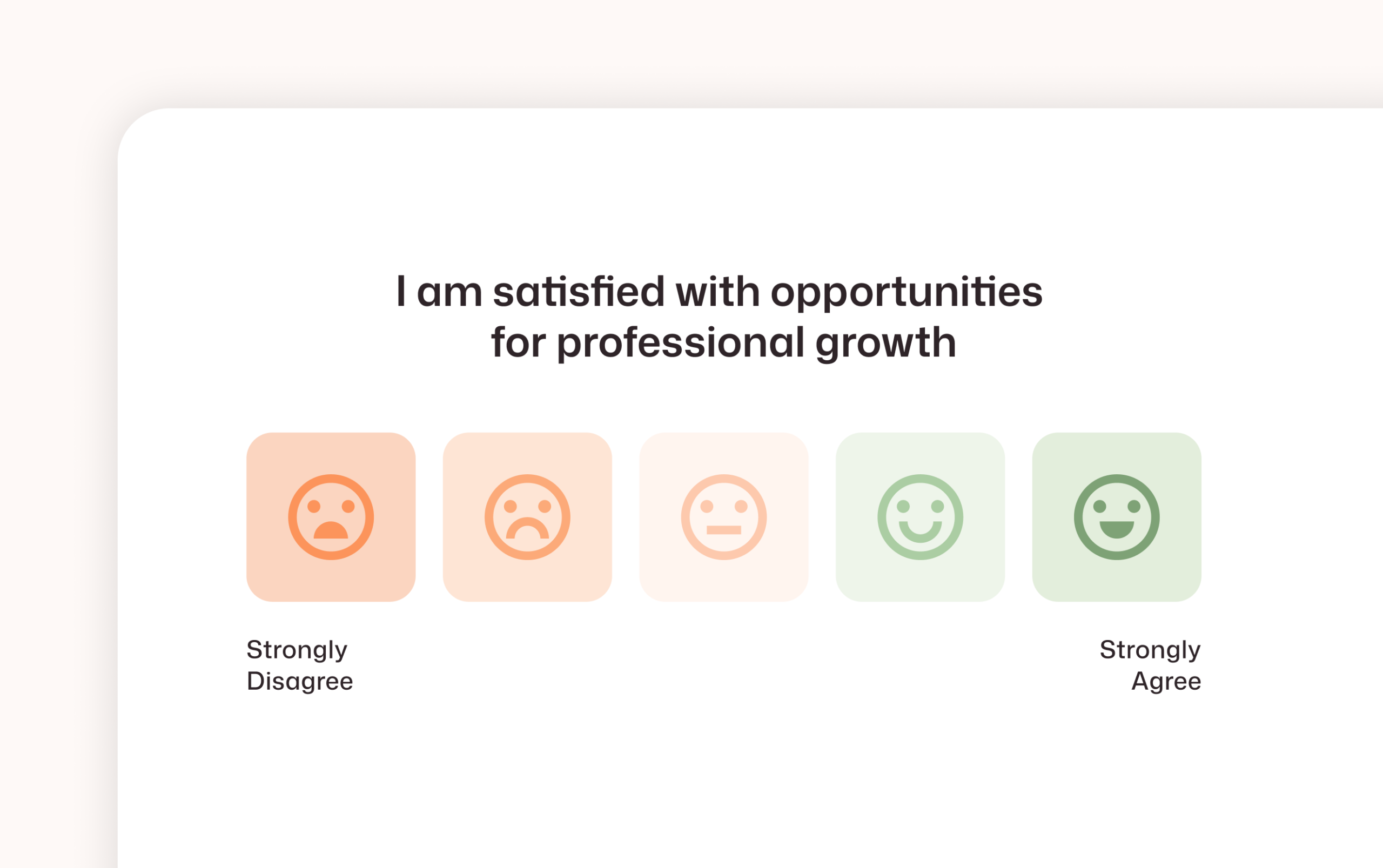 Interact pulse survey asking employees to rate satisfaction with professional growth opportunities on a 5-point emoji scale from Strongly Disagree to Strongly Agree.