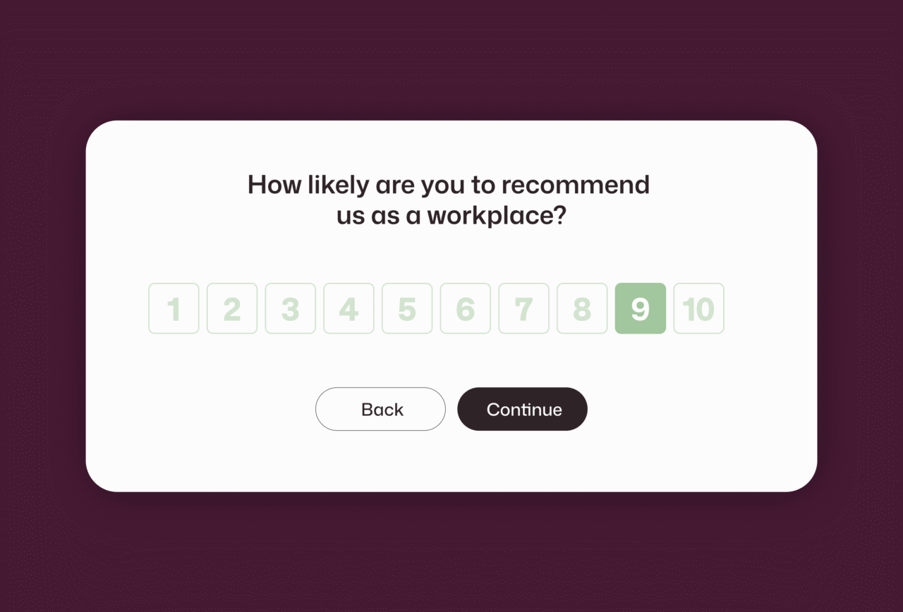 Employee net promoter score survey question asking "How likely are you to recommend us as a workplace?" displayed as a 1–10 numerical scale with 9 selected, alongside Back and Continue navigation buttons.