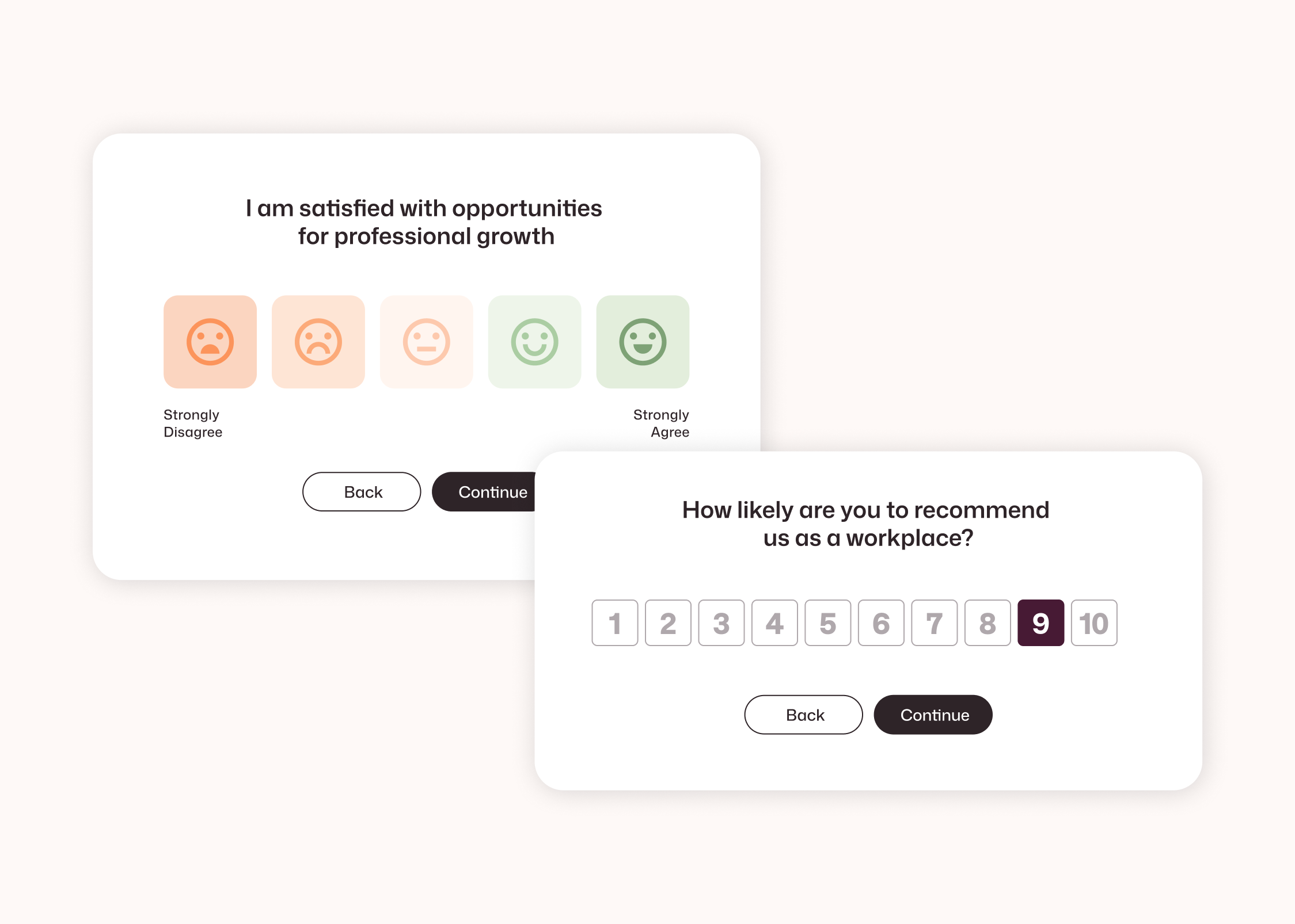 Two Interact pulse survey screens: an emoji satisfaction scale for professional growth and an NPS question with 9 out of 10 selected.