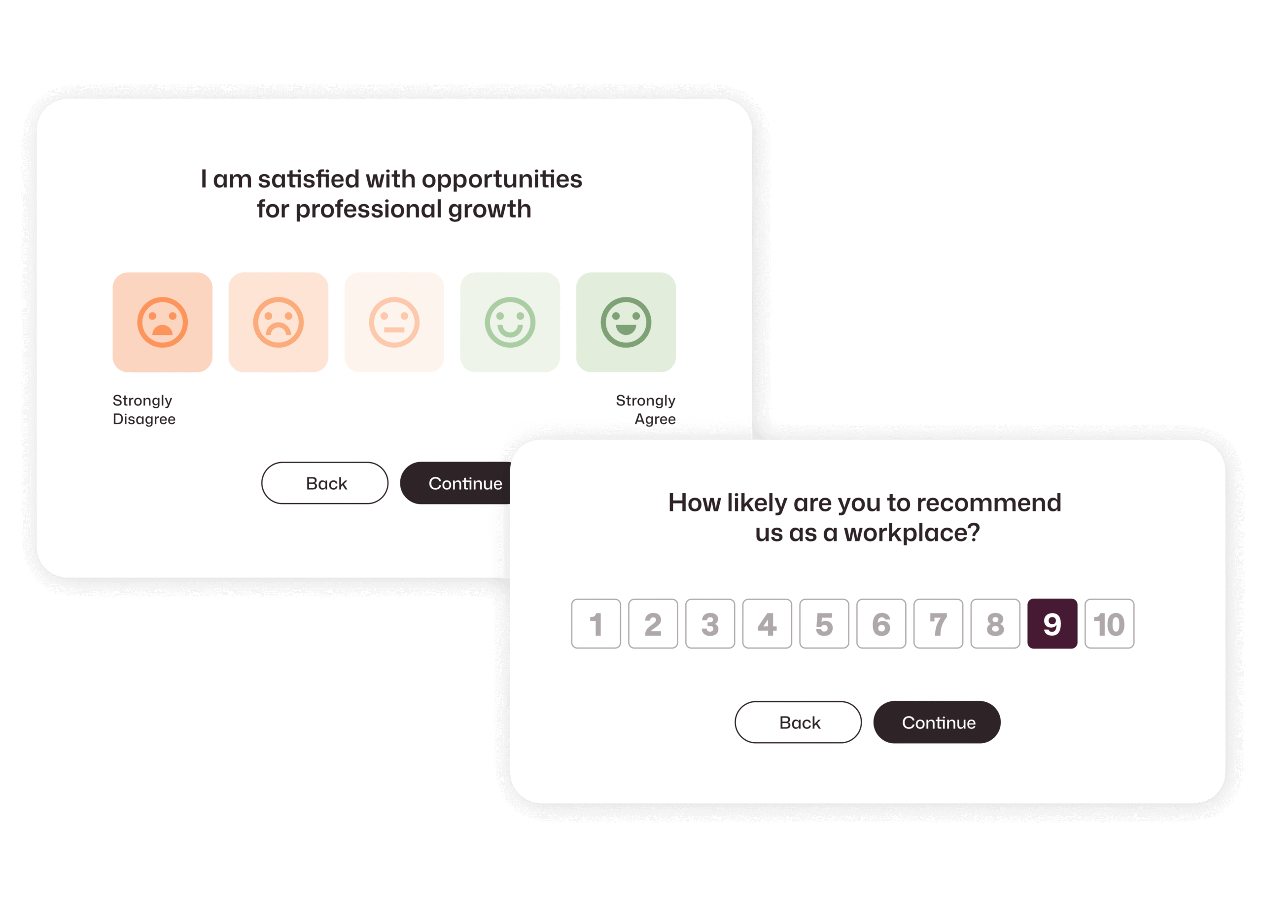 Two pulse survey question formats: a five-point emoji Likert scale on professional growth satisfaction and a 1–10 NPS scale with 9 selected.