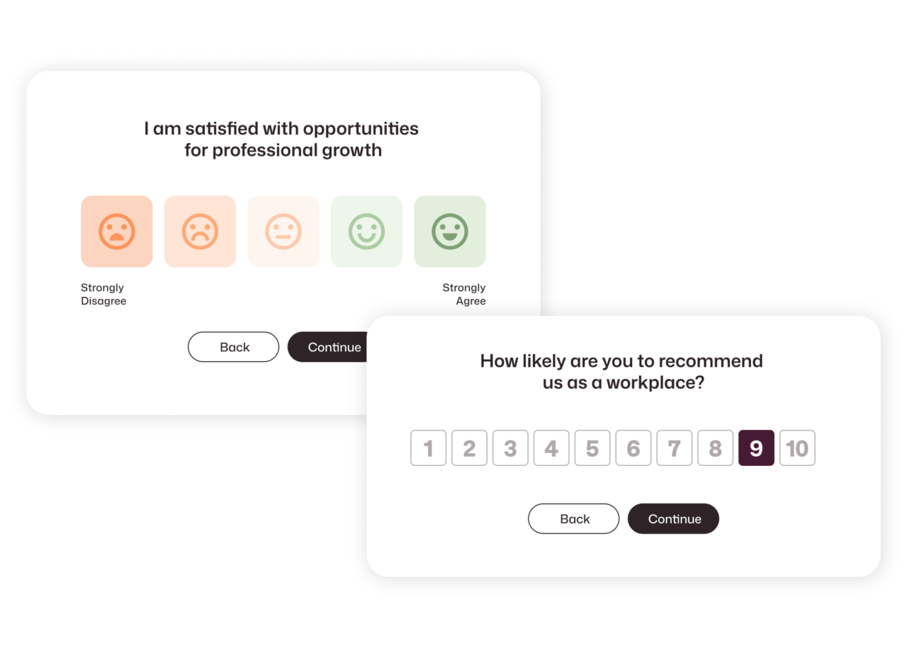 Two survey question formats side by side: a five-point emoji Likert scale on growth satisfaction and a 1–10 NPS scale with 9 selected.
