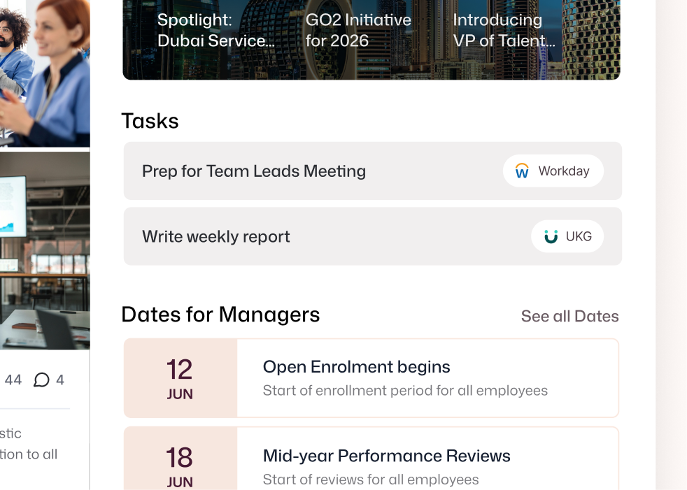 Interact dashboard showing Workday and UKG tasks with manager dates for Open Enrollment June 12 and Mid-year Reviews June 18.