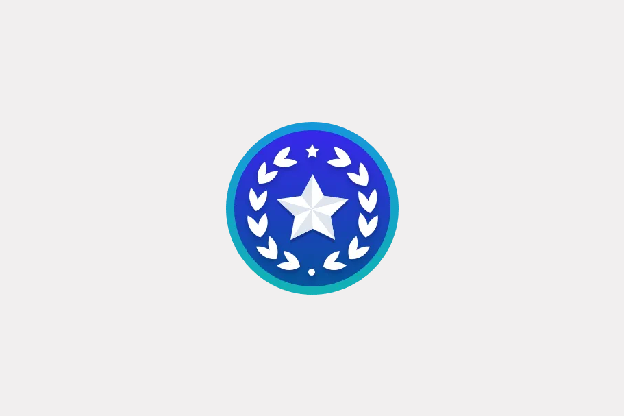 A blue circular achievement badge featuring a five-pointed star framed by a laurel wreath.