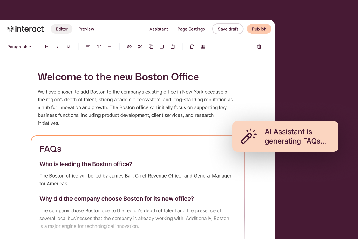 Interact AI for employee experience shown in the intranet page editor, with an AI Assistant actively generating FAQs for a "Welcome to the New Boston Office" announcement, including auto-drafted answers about office leadership and the rationale for choosing Boston.