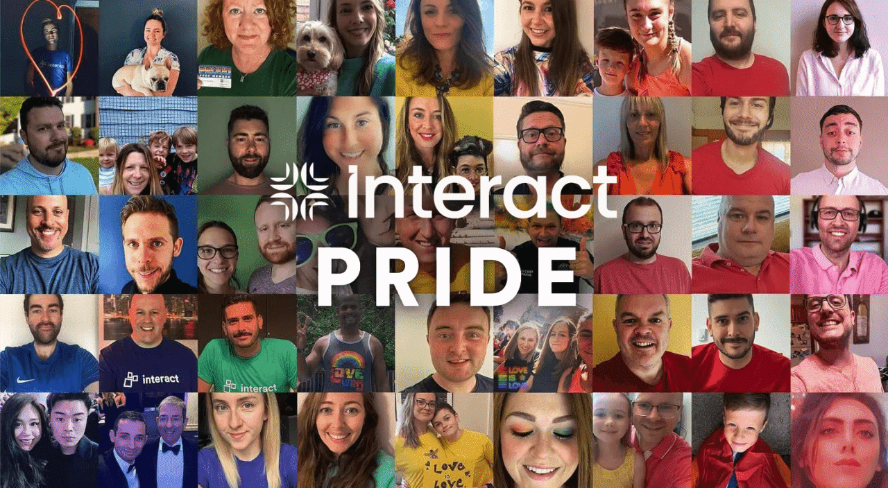 A mosaic of Interact employee photos celebrating Pride, with the Interact logo and the word PRIDE overlaid, showcasing a diverse and inclusive workplace culture.