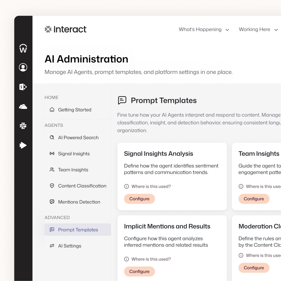 Interact AI Administration panel showing prompt template configuration for AI agents including Signal Insights Analysis, Team Insights, and Content Classification.