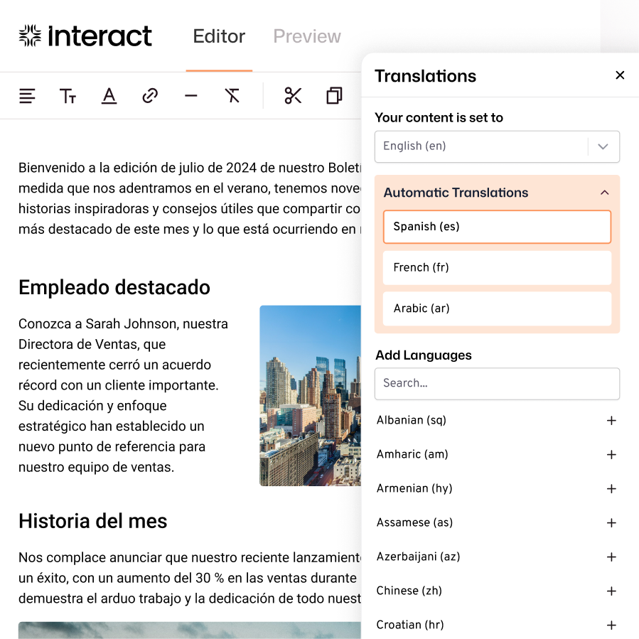 Interact editor showing a translations panel with content set to English and automatic translations active for Spanish, French, and Arabic, with additional languages available to add.