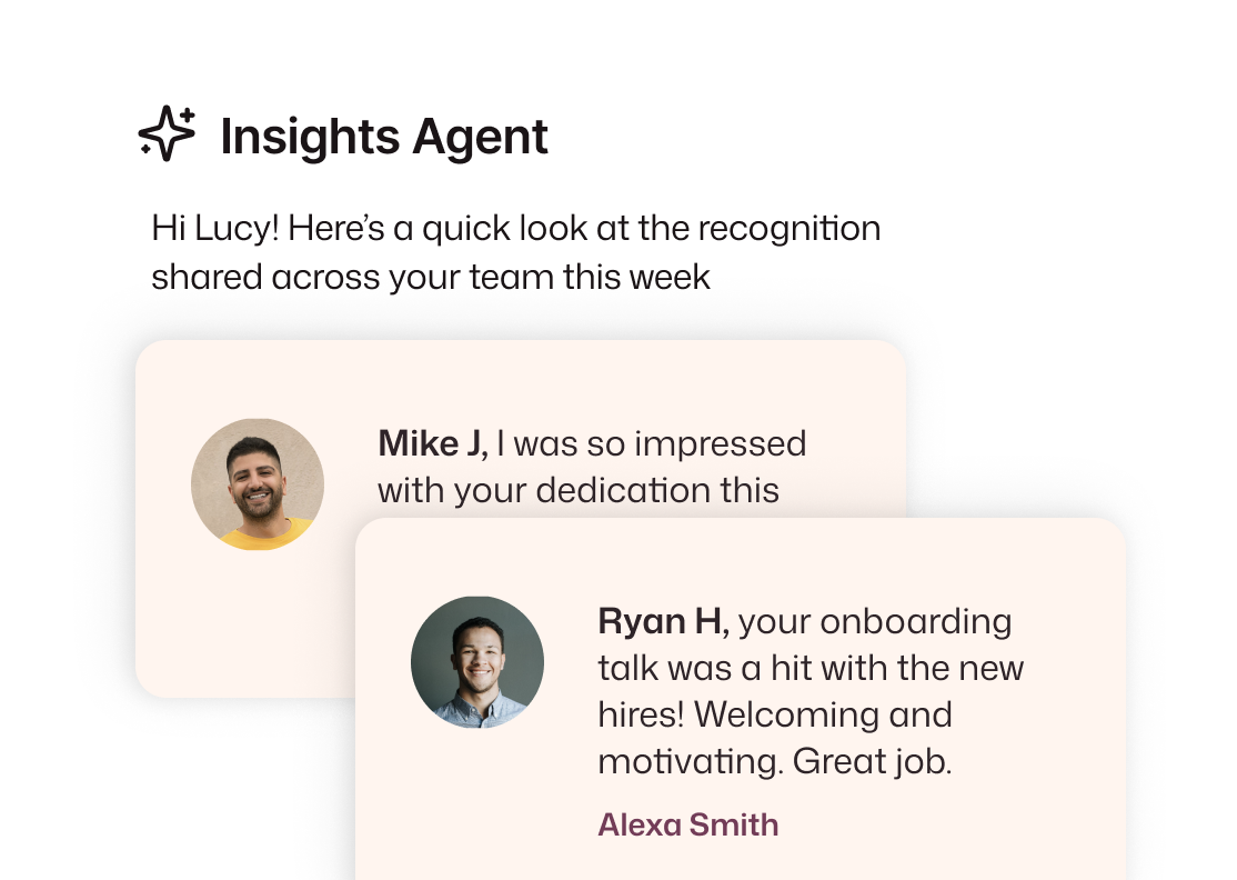 Interact intranet Insights Agent panel showing a personalised weekly recognition summary for Lucy, featuring peer recognition messages praising Mike J for his dedication and Ryan H for delivering a well-received onboarding talk.