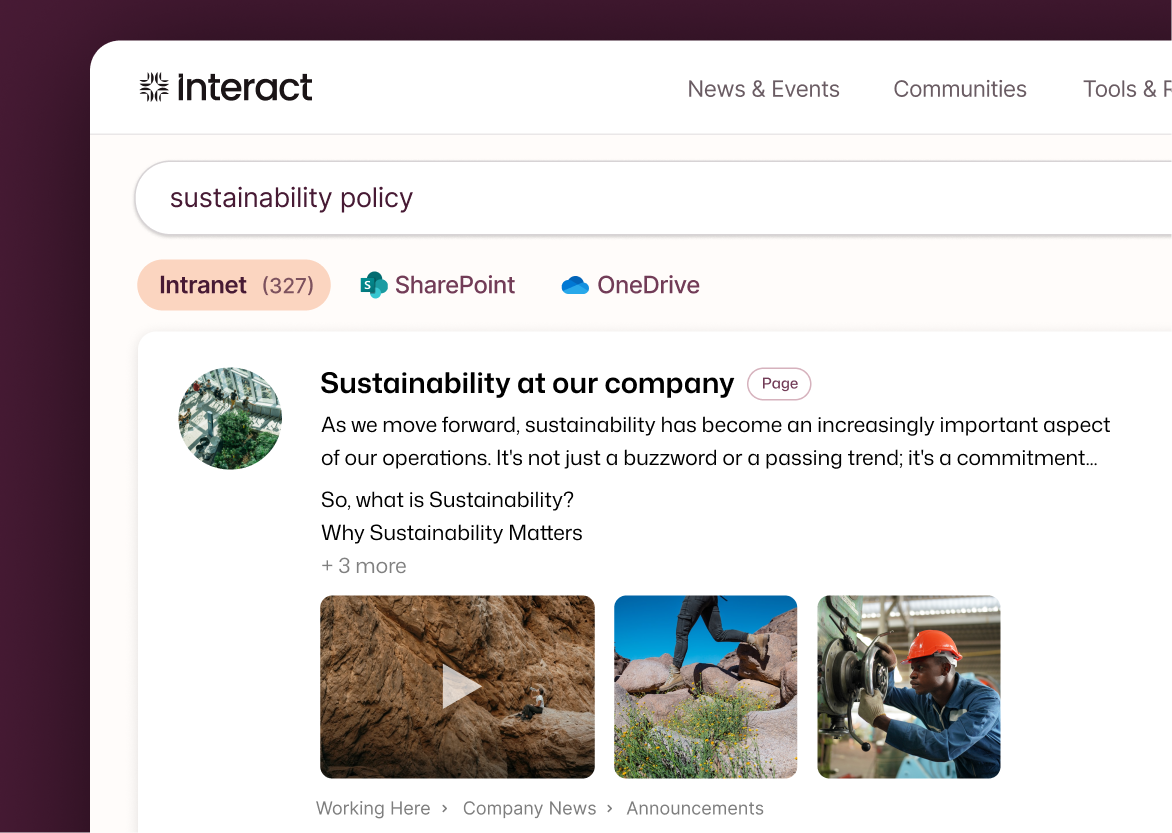 Interact employee knowledge base search results page for the query "sustainability policy," showing 327 intranet results alongside SharePoint and OneDrive tabs, with a top result for a "Sustainability at our company" page covering sections on what sustainability means and why it matters, with three accompanying images.