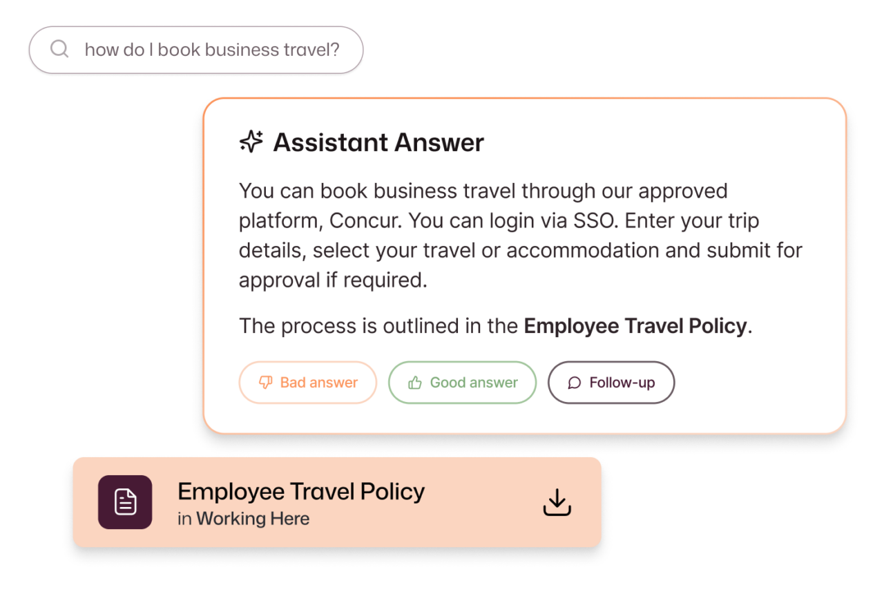 AI-powered intranet search interface answering the query "how do I book business travel?" with a structured assistant response referencing the Employee Travel Policy document, which appears as a downloadable result below.