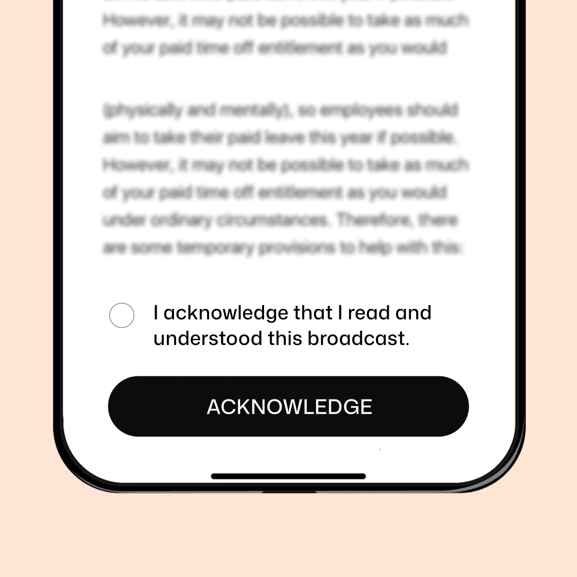 HR communication platform Interact showing a mobile mandatory read on paid time off policy, with an acknowledgment checkbox and Acknowledge button for employee confirmation.