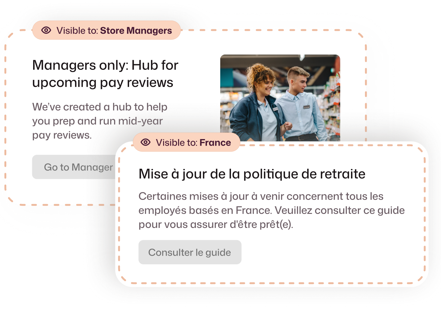 Interact intranet audience targeting feature showing two role- and region-specific content blocks — a pay review hub restricted to Store Managers and a French-language retirement policy update visible only to employees based in France.