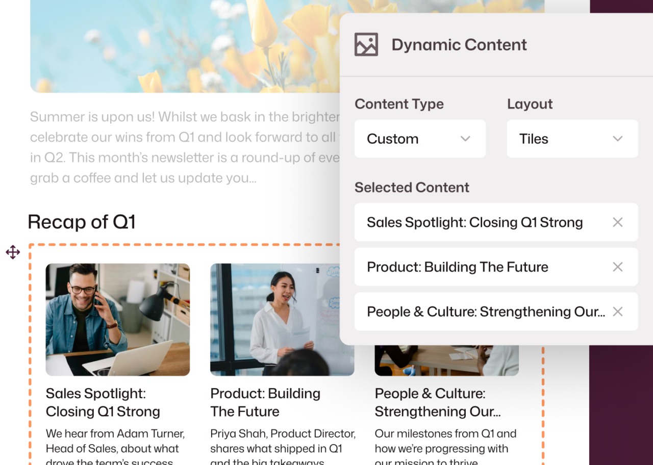 Dynamic Content panel pulling Sales Spotlight, Product, and People & Culture article tiles into a newsletter Q1 recap section with a Tiles layout.