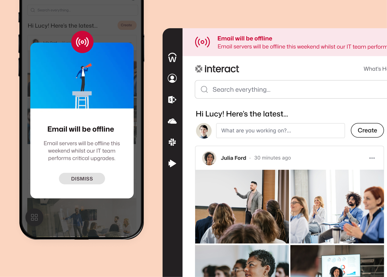 Interact urgent alert about email server downtime delivered simultaneously as a mobile pop-up and a desktop banner, shown alongside Lucy's intranet news feed.