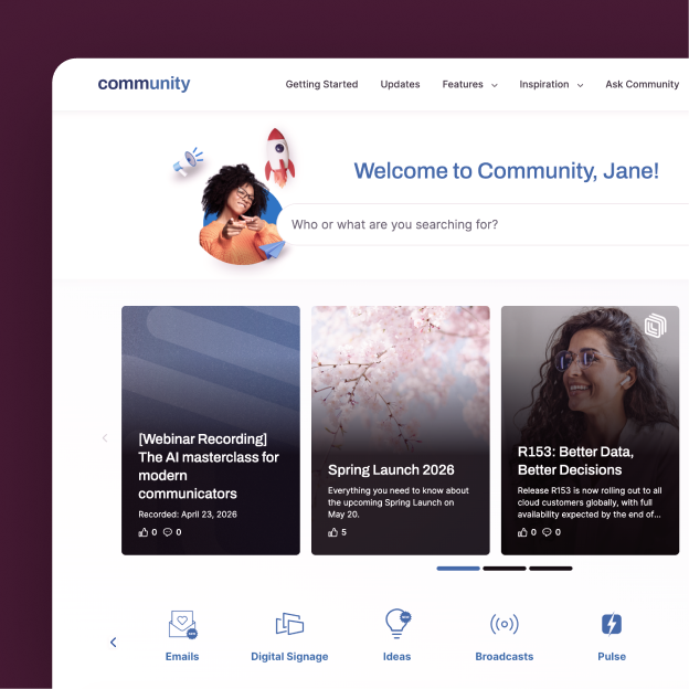 Interact's intranet support services community portal welcoming Jane, with featured content including an AI masterclass webinar recording, Spring Launch 2026 updates, and the R153 product release.