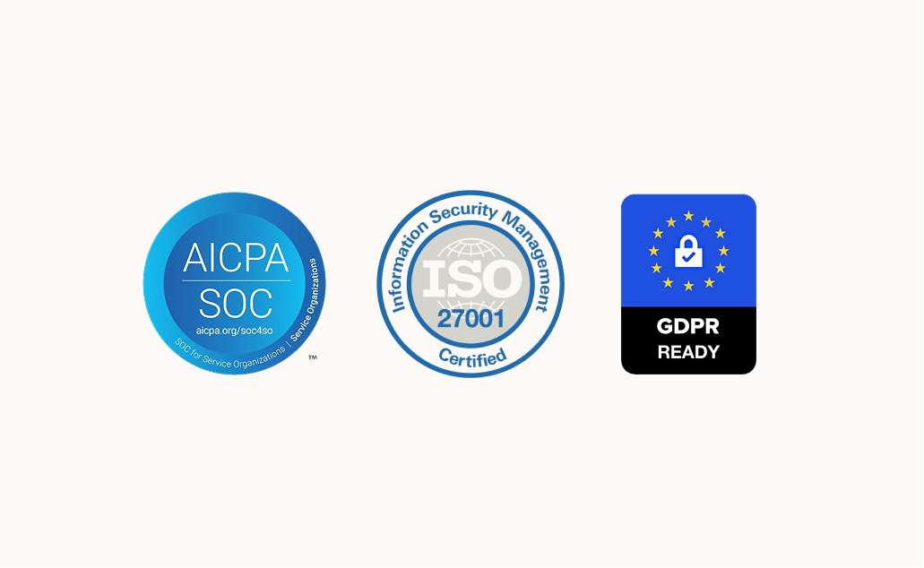Three security and compliance certification badges displayed side by side: AICPA SOC for Service Organizations, ISO 27001 Information Security Management Certified, and GDPR Ready — representing Interact's data protection credentials.