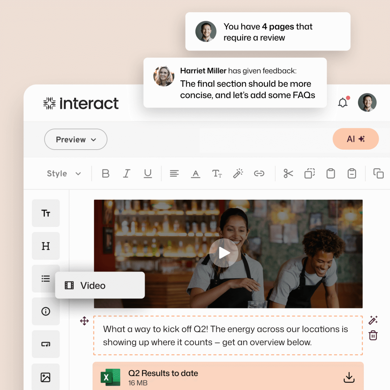Interact's intranet content management system page editor showing a video block being added to a Q2 company update, with a linked Excel file attachment, an AI writing assistant button, and notification overlays showing a colleague's feedback request and a page review reminder.