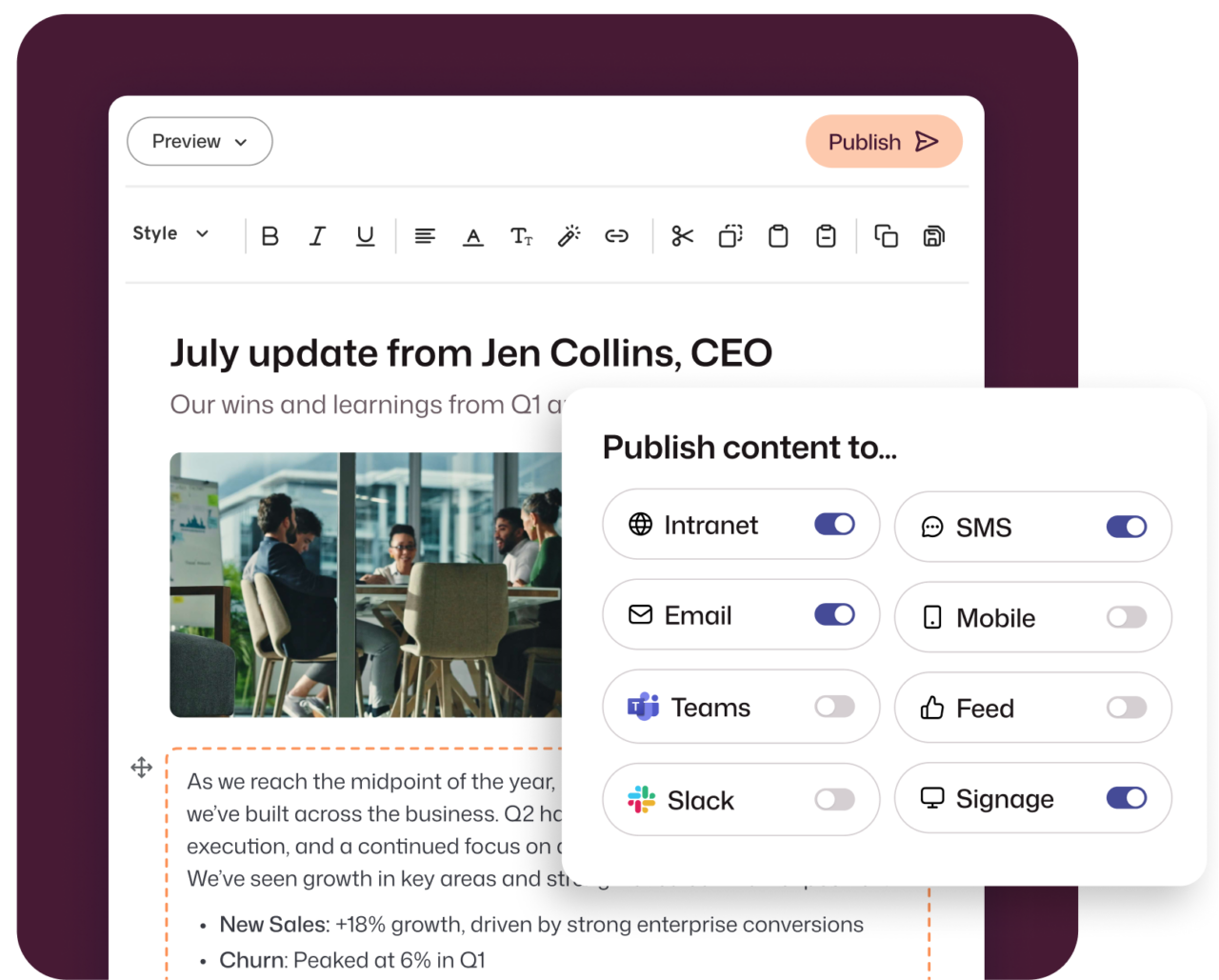 Interact internal comms email publishing interface showing a CEO July update being composed in the intranet editor, with a Publish Content panel open and email toggled on alongside Intranet, SMS, and Signage channels.