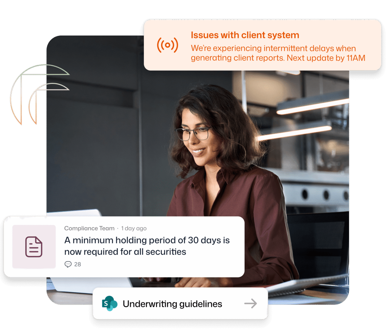 Intranet software for financial services displaying a compliance alert about a 30-day securities holding period alongside a client system status notification.