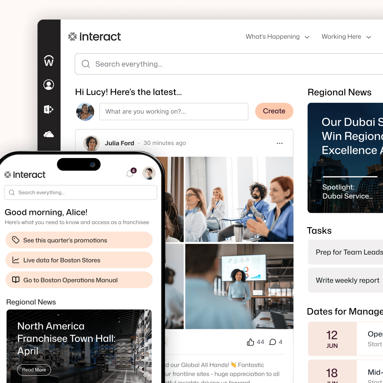 Interact intranet shown on desktop and mobile, with Lucy's personalized news feed, Julia Ford's post with 44 likes, Alice's franchisee quick links, and manager dates for June.