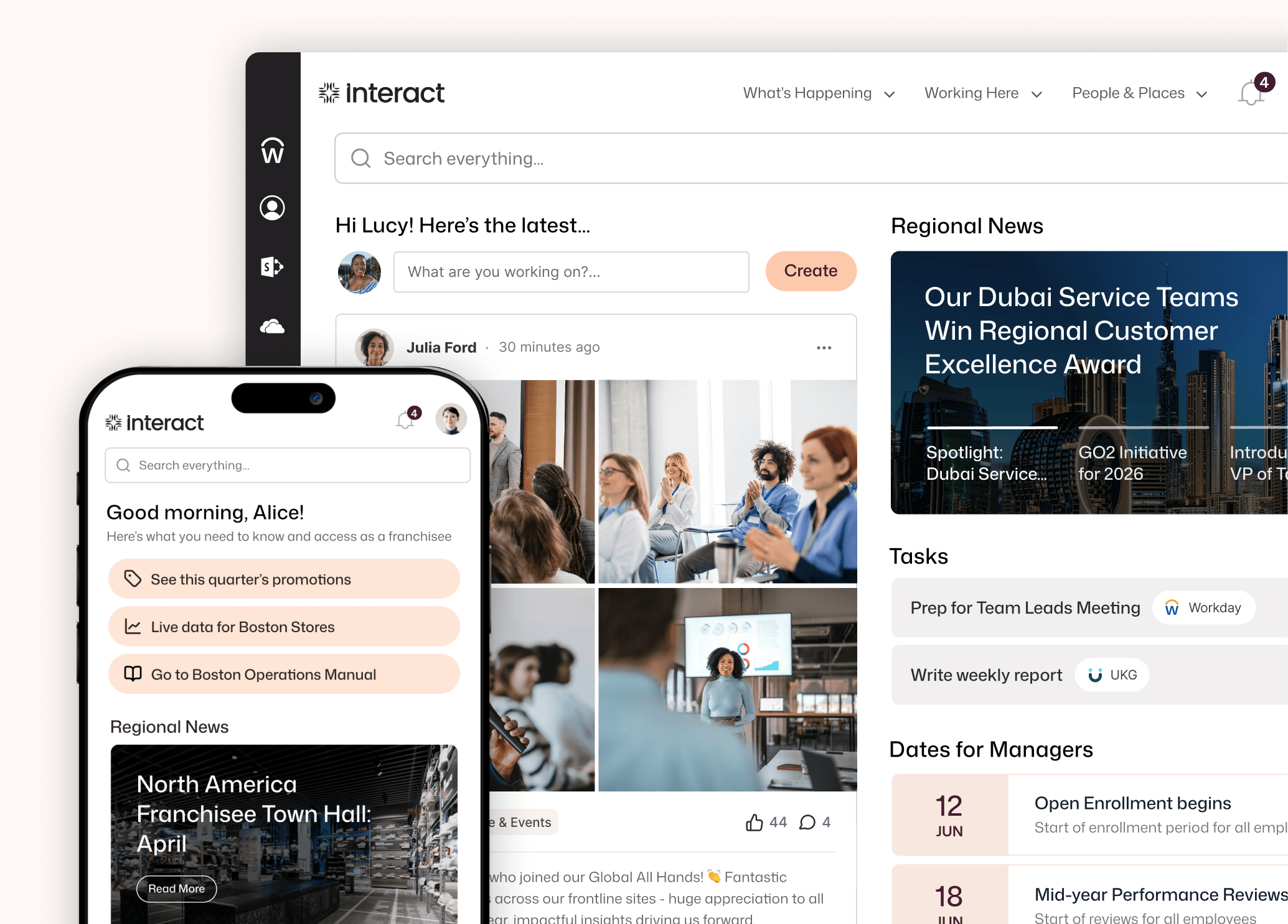 Interact desktop intranet showing Lucy's personalized news feed, Workday and UKG tasks, manager dates, and Alice's franchisee mobile home with Boston store quick links.