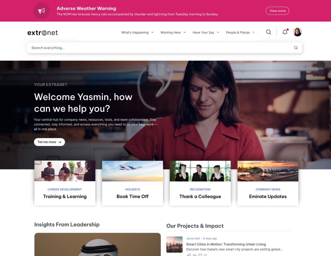 Intranet vs extranet shown via Yasmin's Extranet homepage, featuring a weather alert banner, Training and Recognition quick links, and a leadership feed.