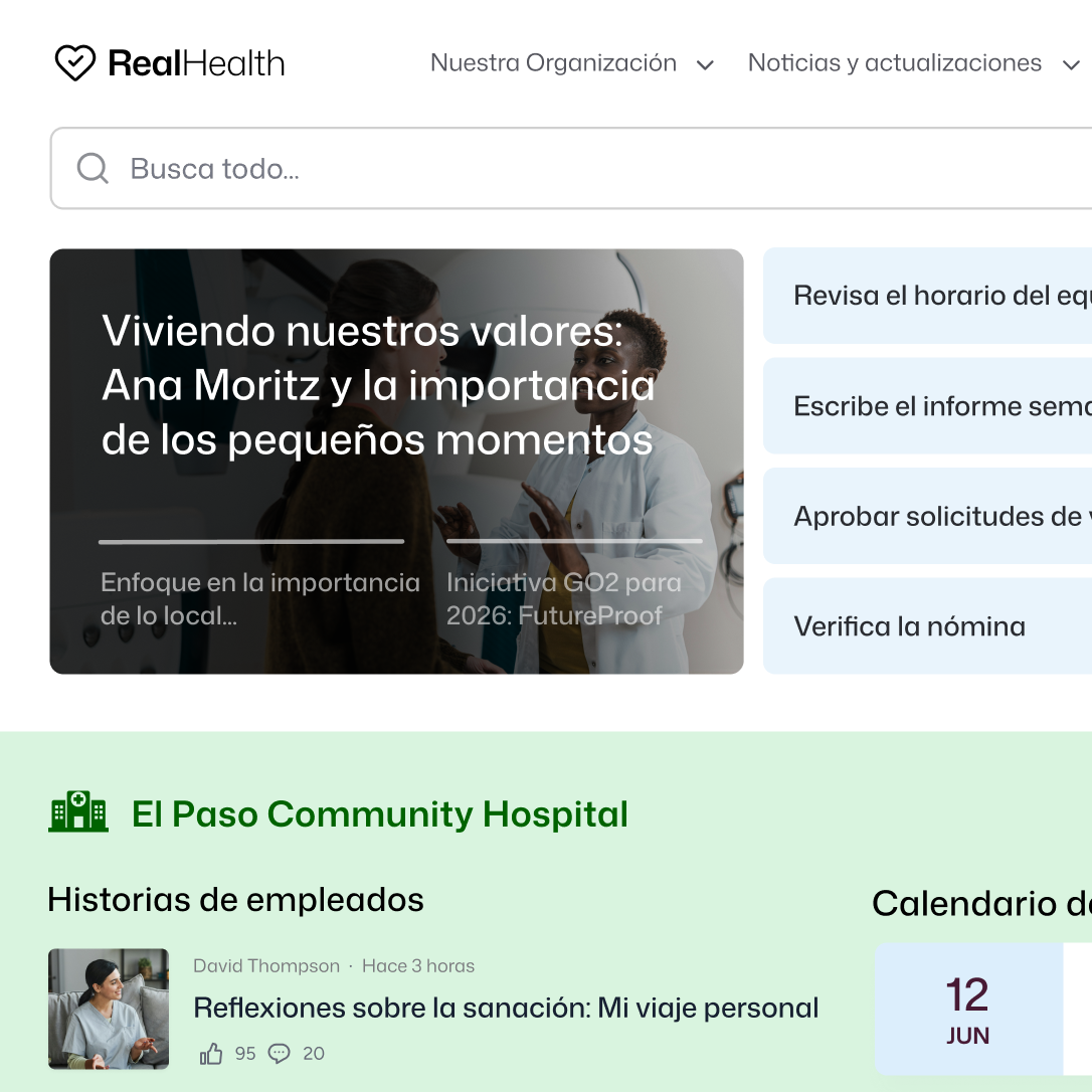 RealHealth Spanish-language intranet for El Paso Community Hospital showing a values story about Ana Moritz, employee stories, and manager quick links for schedule and payroll tasks.