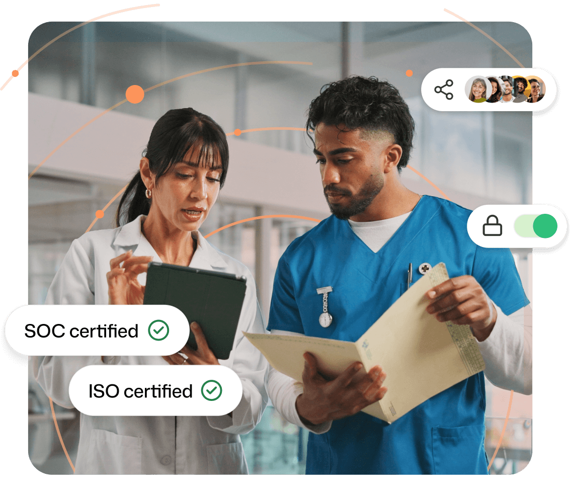 Interact security features shown alongside two staff, with SOC certified and ISO certified badges, a content sharing overlay, and a privacy lock toggle.