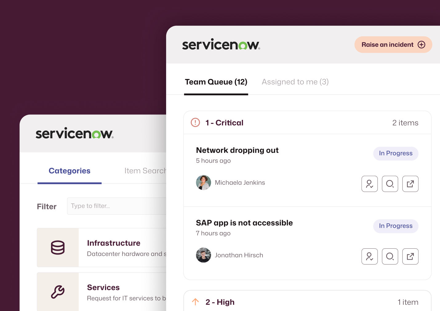 ServiceNow Tickets Widget showing a team queue of 12 with two critical incidents — Network dropping out and SAP app inaccessible — both In Progress.