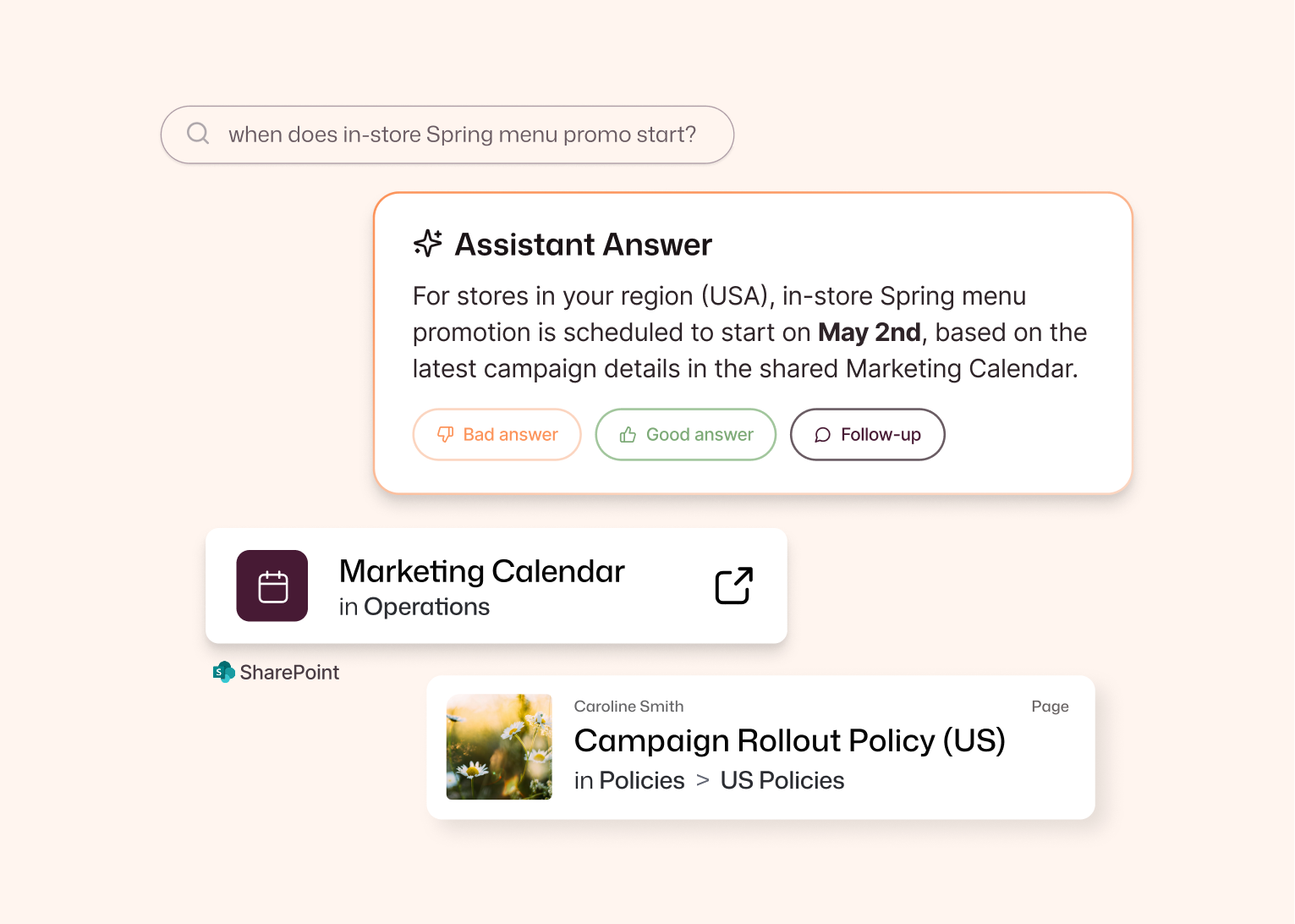 AI Assistant answering a Spring promo query and surfacing a SharePoint Marketing Calendar and a Campaign Rollout Policy page as supporting sources.