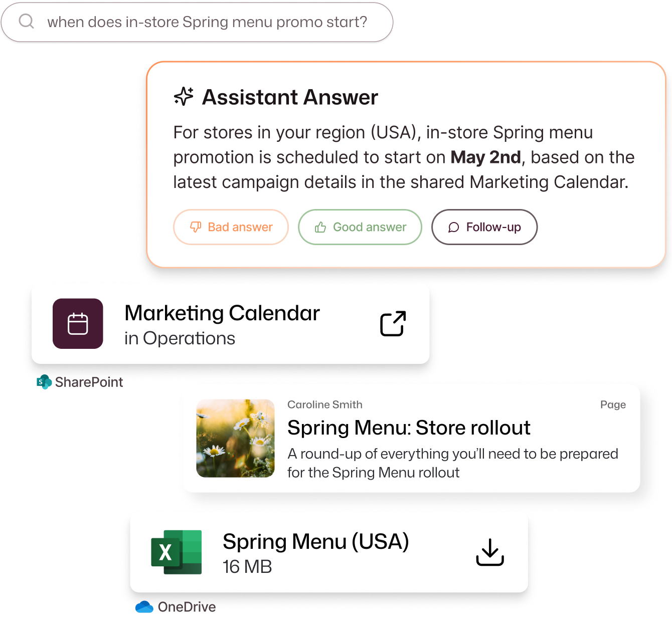 Interact employee knowledge base AI search interface answering the query "when does in-store Spring menu promo start?" with a region-specific assistant answer pulling from the Marketing Calendar, alongside linked results including a Spring Menu Store Rollout intranet page and a downloadable Spring Menu USA Excel file via OneDrive.