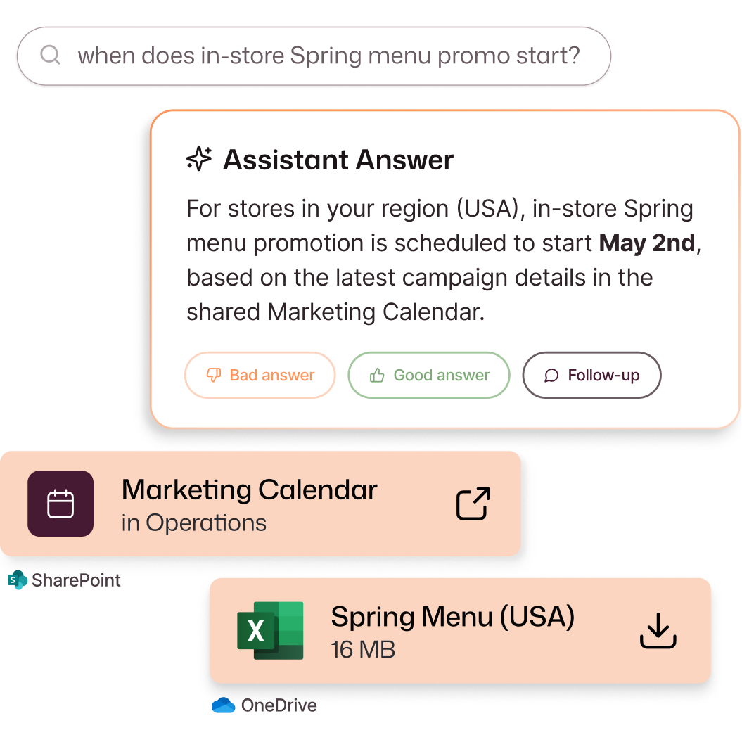 Interact AI Assistant answering a Spring menu promo query with a May 2nd start date, linking to the Marketing Calendar in SharePoint and a Spring Menu Excel file on OneDrive.