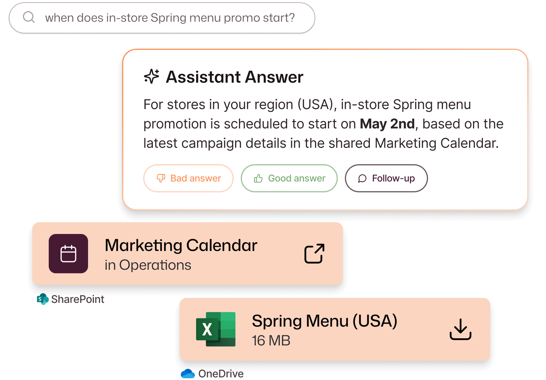 Interact intranet AI search assistant answering the query "when does in-store Spring menu promo start?" with a region-specific answer pulling from the Marketing Calendar, alongside a linked Marketing Calendar in Operations and a downloadable Spring Menu USA Excel file via OneDrive.